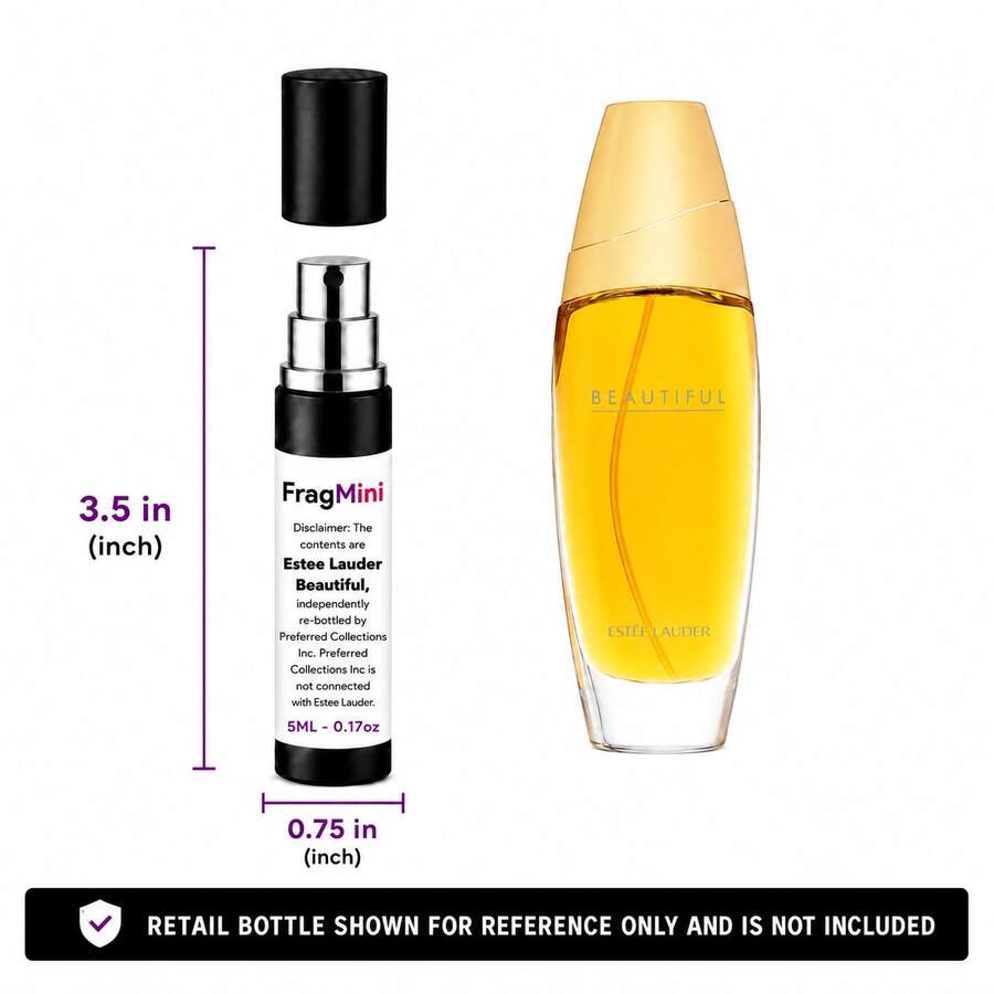 FragMini Beautiful 5 mL black travel spray, alongside a retail bottle shown for reference only