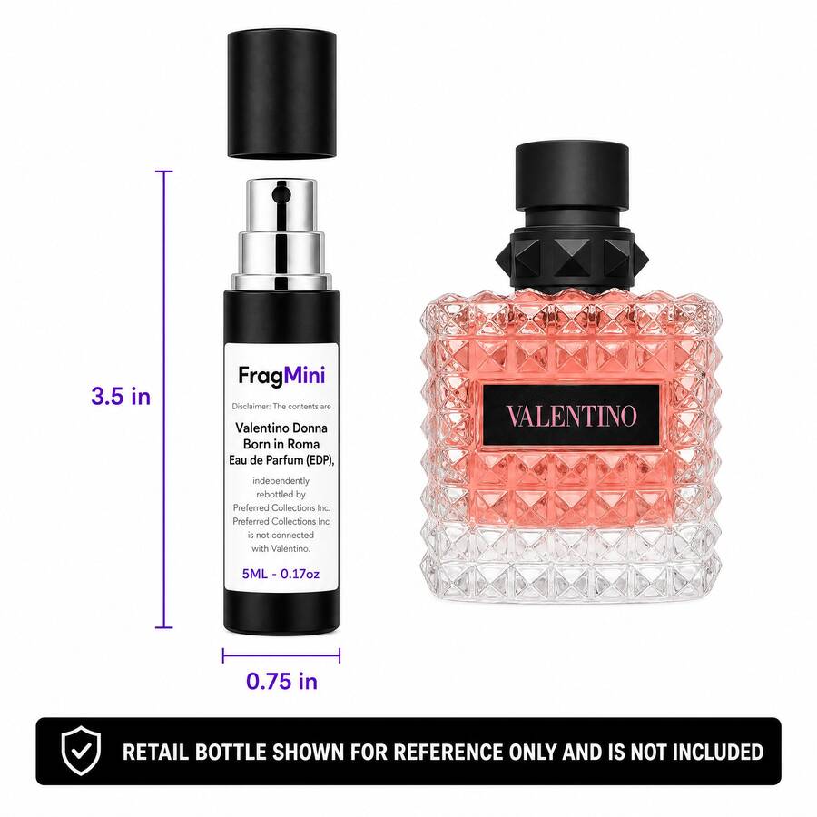 FragMini Donna Born in Roma 5 mL black travel spray, alongside a retail bottle shown for reference only